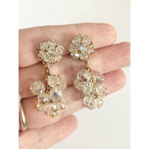 Vintage Aurora Borealis Clip On Dangle Crystal Earrings